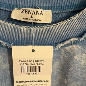 Crew long sleeve Zeanna sweatshirt, acid wash blue, new with tags, never worn